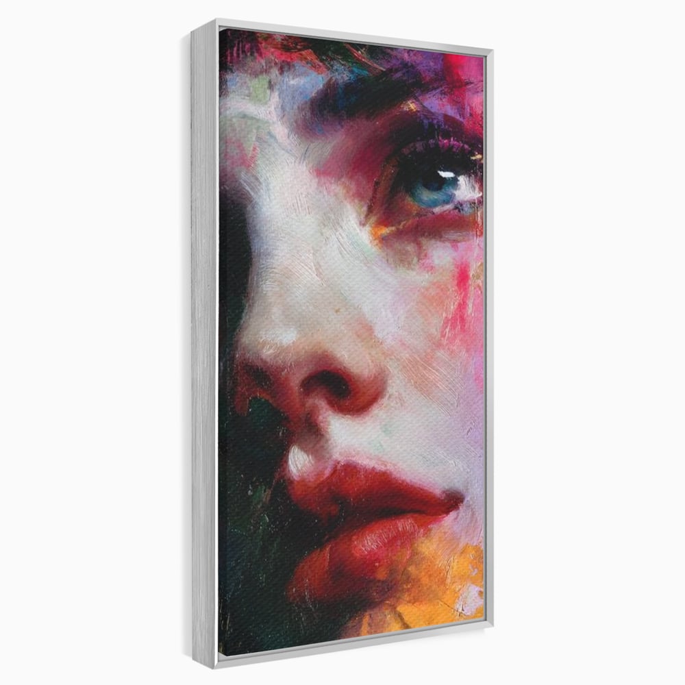 Tablou canvas cu tablou canvas cu portret expresionist de femeie, in rama de aluminiu argintiu